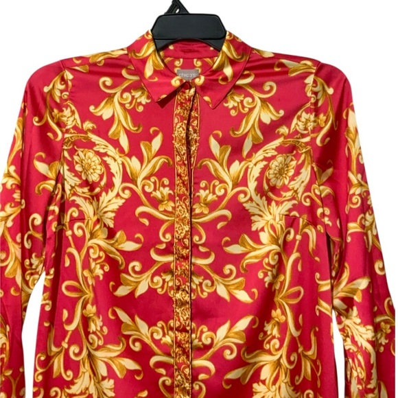 Chico's Women's Boho Ornate Scroll-Print Long Sleeve Tunic Sz Small Pink Gold - Picture 8 of 14